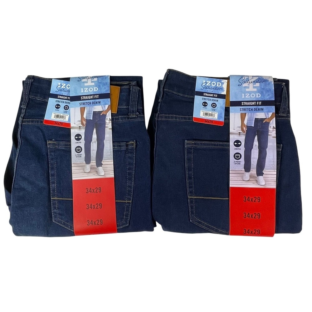 IZOD Saltwater Mens Straight Fit Stretch Denim Jeans 34x29 Dark Blue 2 Pair
